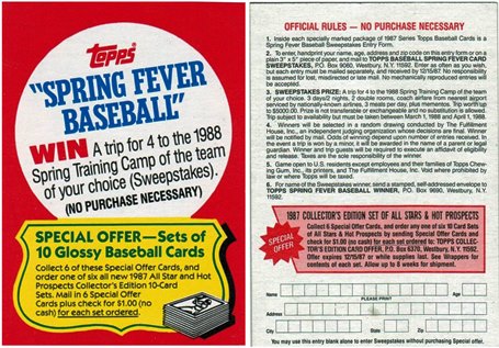 1987 Spring Fever Baseball Mail in Offer