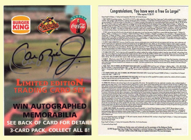 Baltimore Orioles - 1997 Cal Ripken Jr - Burger Kings Cards #0