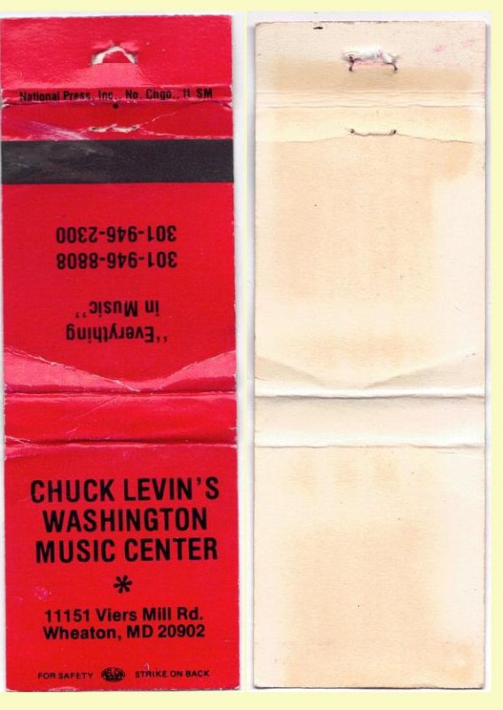 Matchbook Cover - Chuck Levin’s Washington Music Center