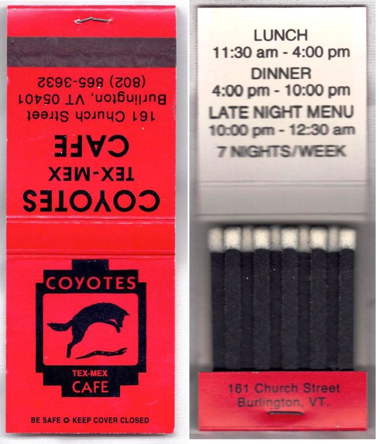 Matchbook - Coyotes Tex-Mex Café (Burlington, VT