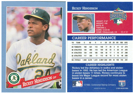 Oakland Athletics - Rickey Henderson - Hostess Baking Co