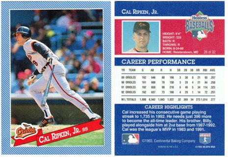 Baltimore Orioles - Cal Ripken Jr - Hostess Baking Co