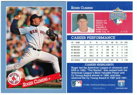 Boston Red Sox - Roger Clemens - Hostess Baking Co