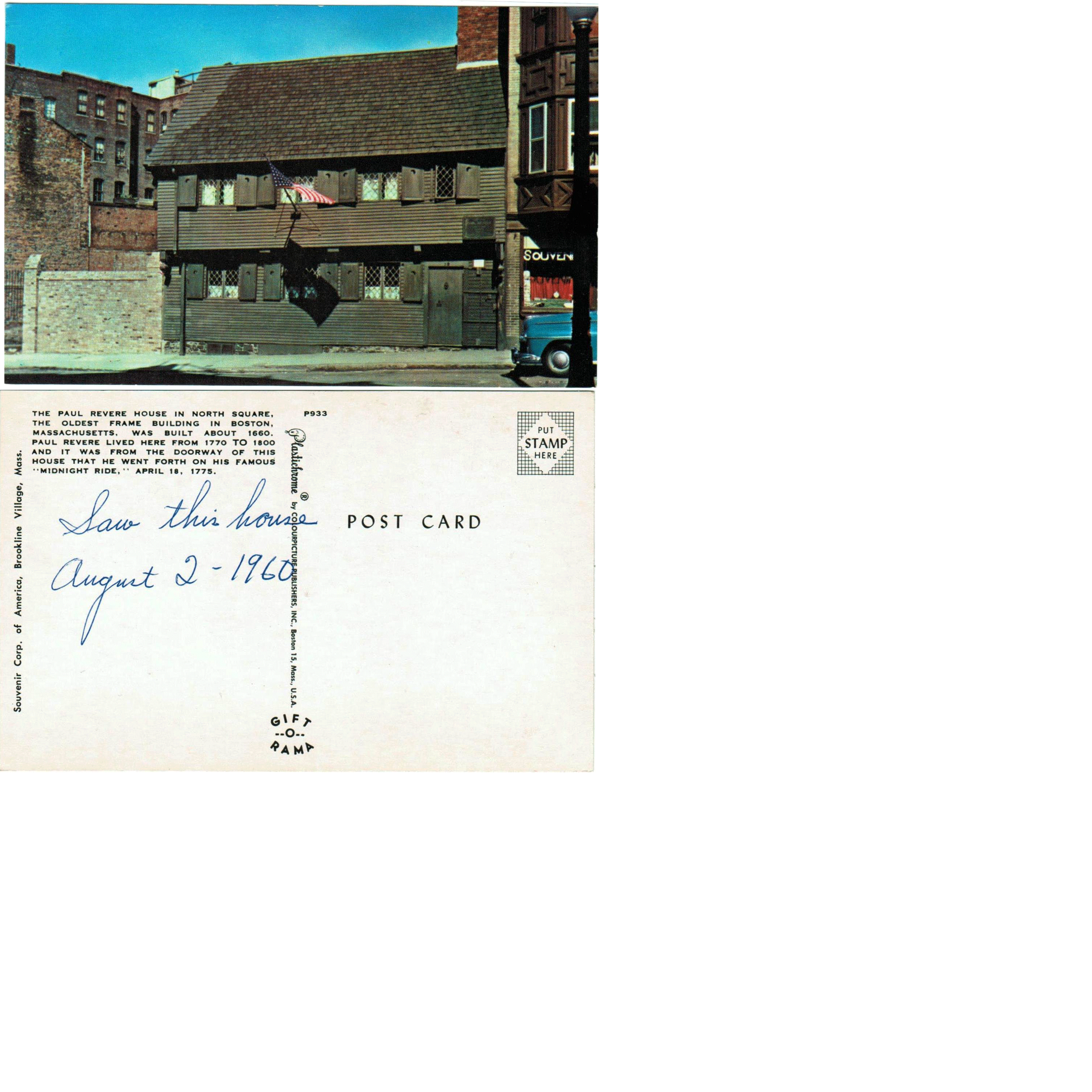 Postcard - Paul Revere House - Boston, MA
