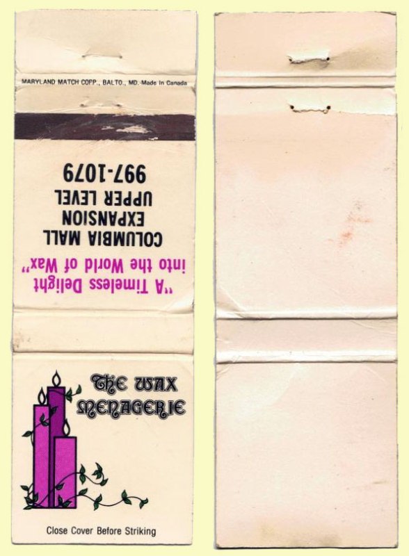 Matchbook Cover - The Wax Menagerie - Columbia, MD