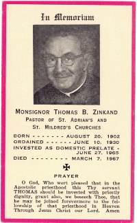 Monsignor Thomas Zinkand Bereavement Card