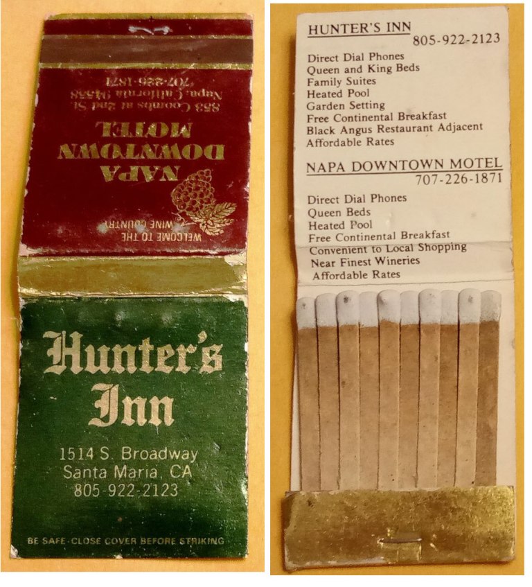 Matchbook – Hunter’s Inn - Napa Downtown Motel (California)