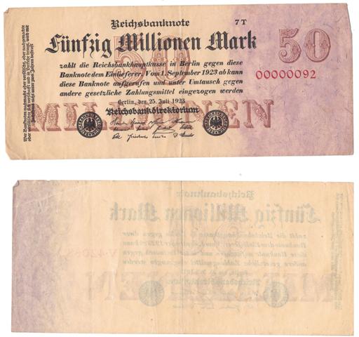 Germany - Fünfzig Millionen (50,000,000) Mark Reichsbanknote (LOW SERIAL NUMBER)