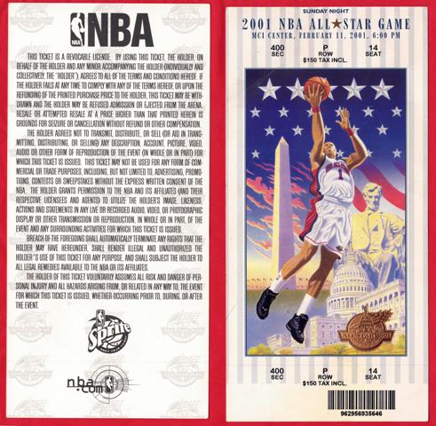2001 NBA All-Star Game Full Unused Ticket