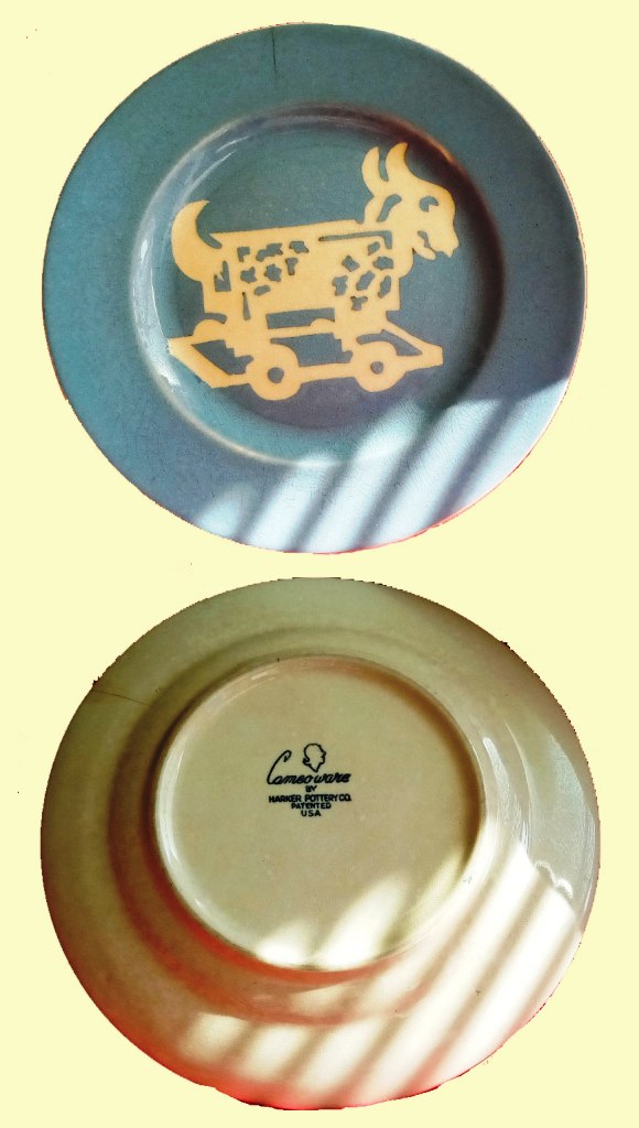Vintage Blue and White Cameowear Child's Goat Cart Toy Plate by Harker Pottery Co