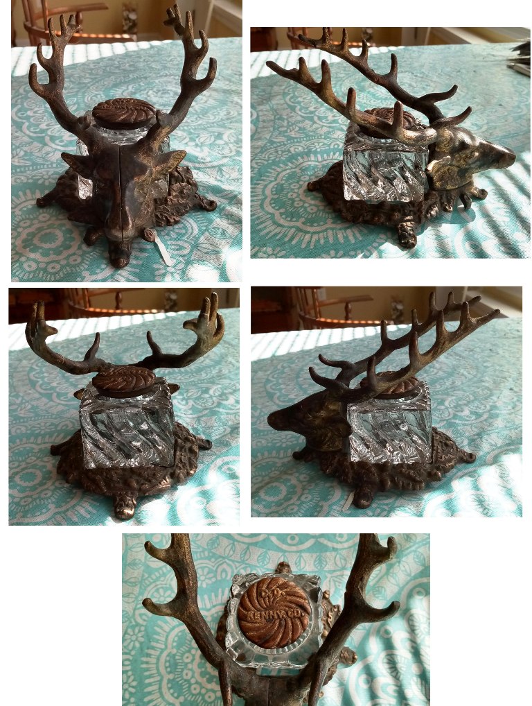 Antique Cast Iron Deer Elk Head Inkwell with Pen Holder